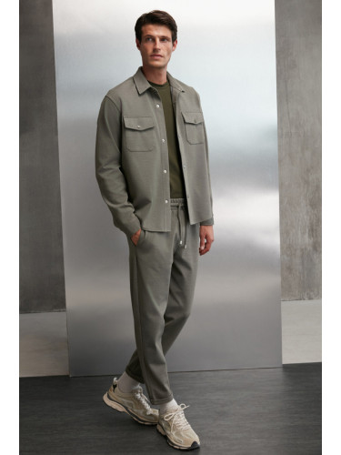 GRIMELANGE Walsh Men's Pique Look Special Fabric Flexible Double Cuff Cord Elastic Waist Khaki Trousers
