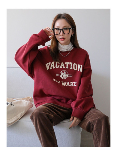 Know Women's Claret Red Vacation Joy Wake Printed Oversized Crew Neck Sweatshirt.