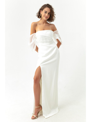 Lafaba Women's White Princess Sleeve Organza Long Evening Dress