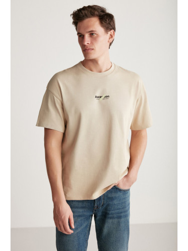 GRIMELANGE Jake Men's Oversize Fit 100% Cotton Thick Textured Printed Beige T-shirt