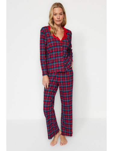 Trendyol Premium Red 100% Cotton Plaid Shirt-Pants Knitted Pajamas Set