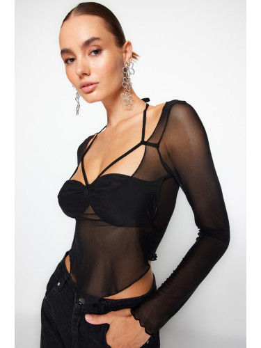 Trendyol Black Cut Out/Window Detailed Tulle Blouse
