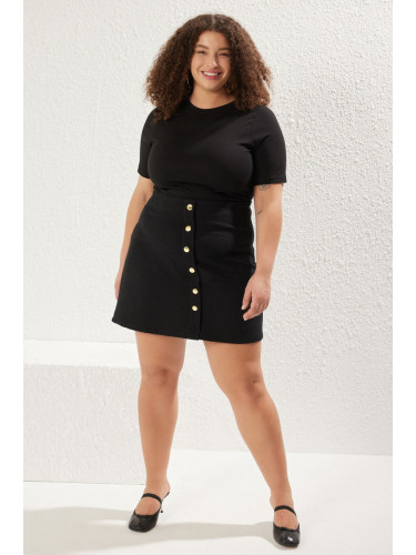 Trendyol Curve Black Tweed Woven Buttoned Plus Size Skirt