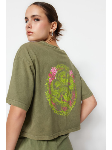 Trendyol Khaki 100% Cotton Faded Effect Back Printed Crop Crew Neck Knitted T-Shirt