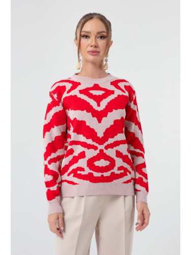 Лафаба Дамски червен зебра жакард трикотаж пуловер