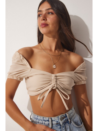 Happiness İstanbul Women's Beige Linen Blend Gathered Crop Blouse