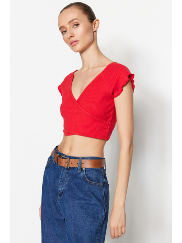 Trendyol Red Crop Corduroy Knitted Cotton Shirt, Double Breasted, Double Breasted