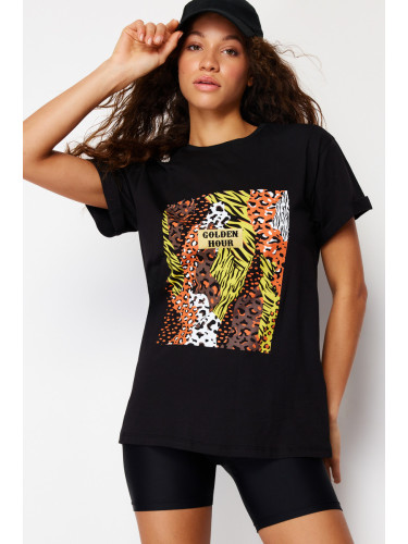Trendyol Black Printed 100% Cotton Oversize/Wide Knit T-Shirt