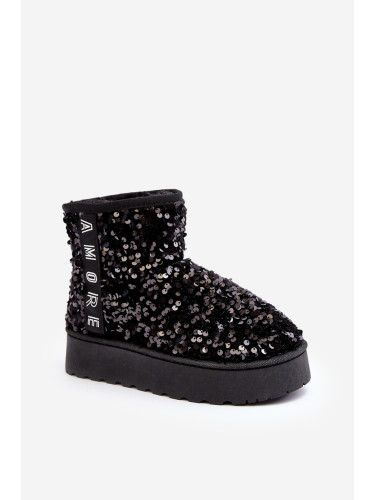 Women's platform snow boots decorated with sequins, black Silmo