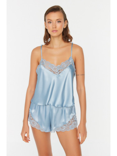 Trendyol Blue Lace Detailed Rope Strap Satin Woven Pajama Set