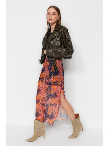 Trendyol Orange Patterned Maxi Length Lace Detail Tulle Stretch Knitted Skirt