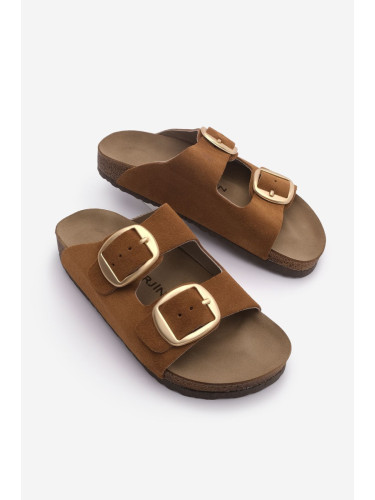 Marjin Women's Genuine Leather Daily Slippers Double-Stripes Slippers with Eva Sole Poly Tan.