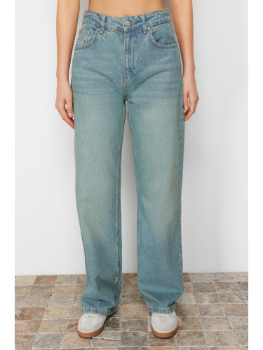 Trendyol синьо бледо ефект реколта висока талия широк крак дънки