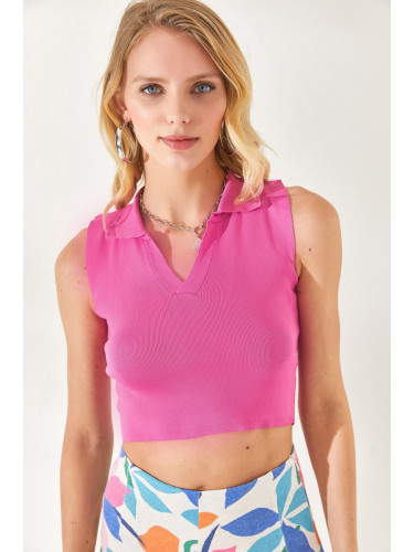 Olalook Women Fuchsia Polo Neck, Sleeveless Crop, Knitwear Blouse