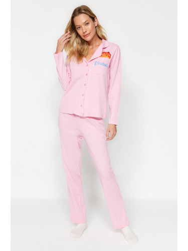 Trendyol Pink Cotton Cookie Printed Shirt-Pants Knitted Pajamas Set