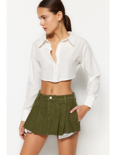 Trendyol Khaki Pleated Mini Denim Shorts Skirt