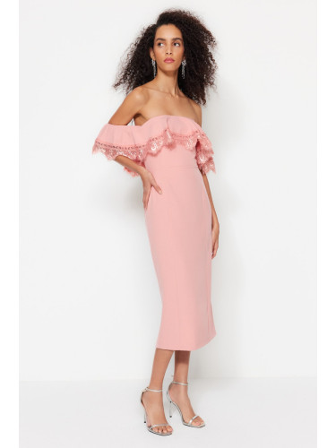 Trendyol прашна роза, вталени тъкани Flounce елегантна вечерна рокля