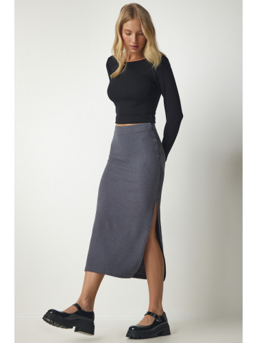 Happiness İstanbul Women's Dark Gray Slotted Corduroy Knitted Pencil Skirt