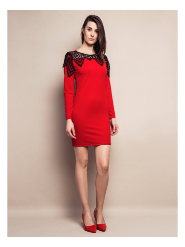 DRESS WITH LACE AT THE NECKLINE RED
