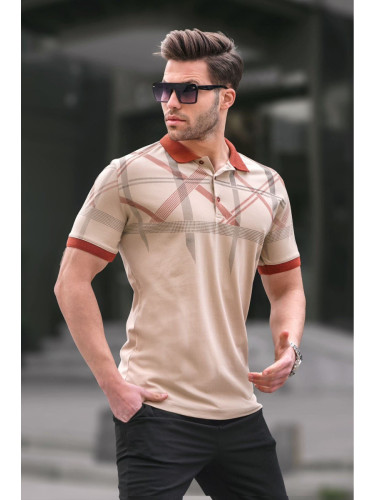 Madmext Beige Patterned Polo Neck Men's T-Shirt 6080