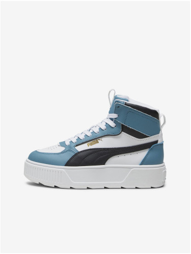 White and Blue Women's Leather Ankle Sneakers on Puma Kar Platform - Ladies