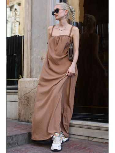 Madmext Long Loose Crepe Dress With Mink Straps