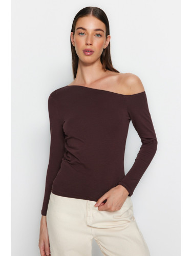 Trendyol Brown Boat Neck Open Shoulder Gathered Fitted/Situated Cotton Stretch Knit Blouse