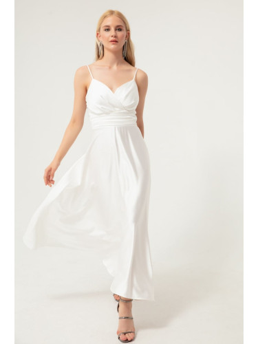 Lafaba Дамска бяла сатенена вечерна рокля Midi & Абитуриентска рокля с въжени презрамки и колан за кръста