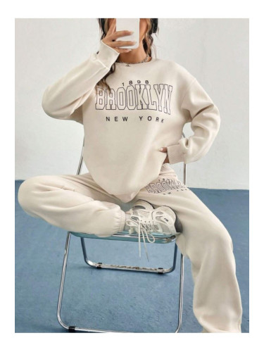 Know Women's Beige 1898 Brooklyn Printed Oversized Bottoms and Tops Tracksuit Set