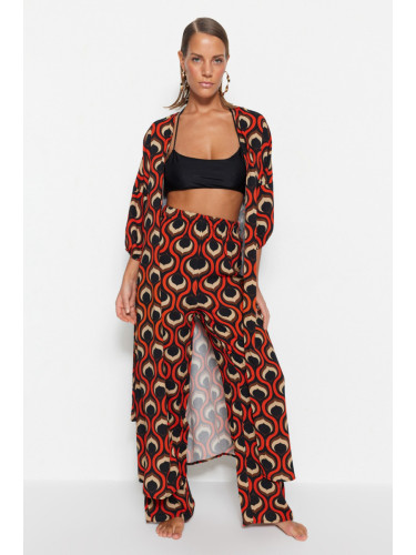 Trendyol Geometric Patterned Belted Maxi Woven Balloon Sleeve Kimono & Kaftan