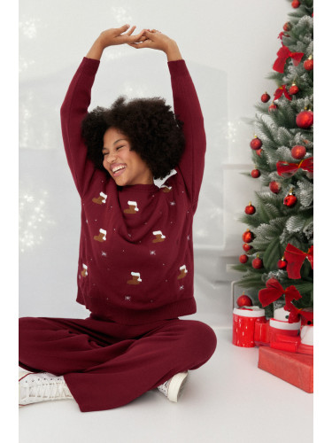 Модерен червен коледен тематичен долен комплект с мека текстура, пернат трикотаж