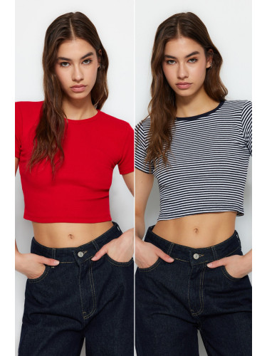 Trendyol Navy Blue Striped-Red Plain 2-Pack Fitted/Simple Crop Corduroy Knit Blouse