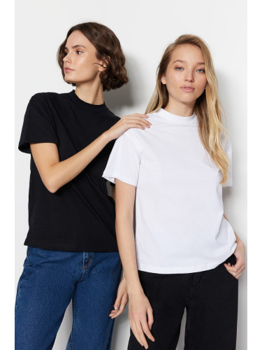 Trendyol White-Black 2-Pack 100% Cotton Basic Stand Up Collar Knitted T-Shirt