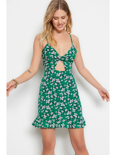 Trendyol зелен A-линия мини тъкани флорални рокля с прозорец/изрязани детайли