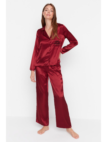 Trendyol Burgundy New Year Themed Embroidered Satin Woven Pajama Set