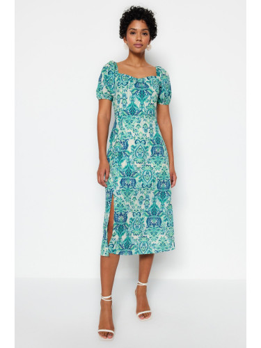 Trendyol зелен квадратен врат цепка шарени тъкани Midi тъкани рокля