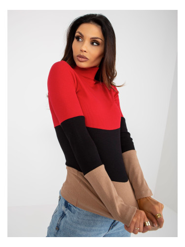 Basic camel red blouse with ribbed turtleneck