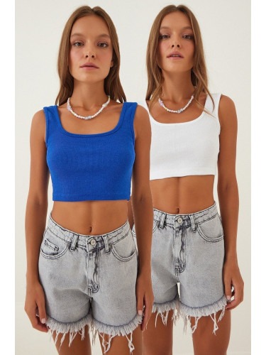 Happiness İstanbul Women's Dark Blue White Strappy Crop 2-Pack Knitted Blouse