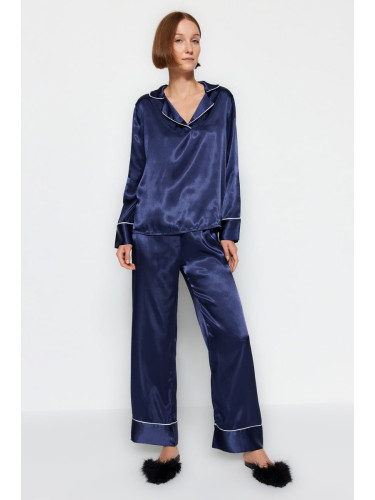 Trendyol Blue Piping Detailed Satin Shirt-Pants Woven Pajama Set