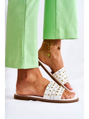 S. BARSKI Дамски кожени чехли с декорация бял бриен