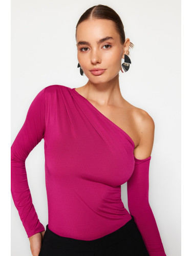 Trendyol Fuchsia Asymmetric Collar Long Sleeve Flexible Snaps Knitted Bodysuit