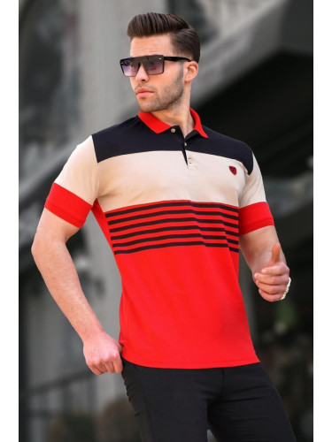 Madmext Men's Red Polo Neck Striped T-Shirt 5865