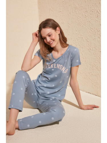 Trendyol Blue 100% Cotton Polka Dot T-shirt-Pants Knitted Pajama Set