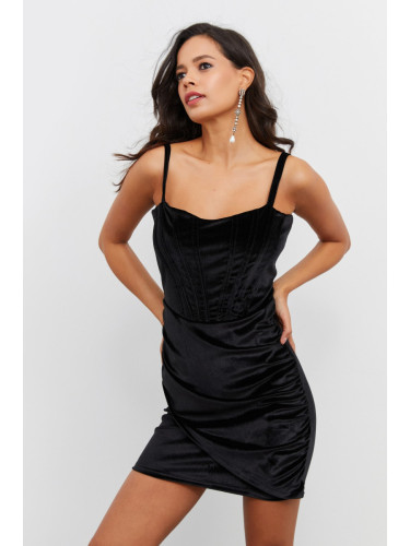 Cool & Секси Дамски Черно кадифе драпирани мини рокля YEL63
