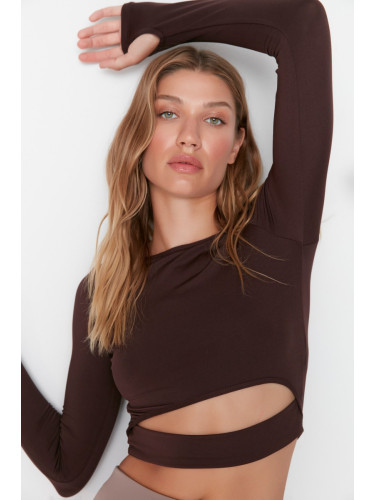 Trendyol Dark Brown Crop Window/Cut Out and Thumb Hole Detail Knitted Sports Top/Blouse