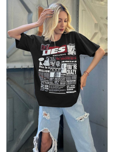 Madmext Black Back Printed Over Fit Women's T-Shirt