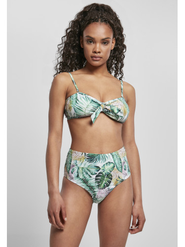 Women's high-waisted bikini with leaf white pattern