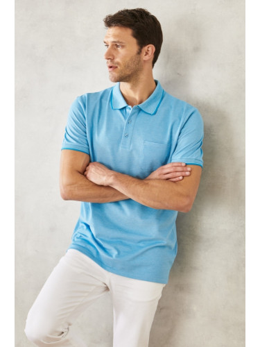 ALTINYILDIZ CLASSICS Мъжки несвиващ се памучен плат Редовен годни Wide Cut Blue Anti-roll Polo яка с джобове тениска.