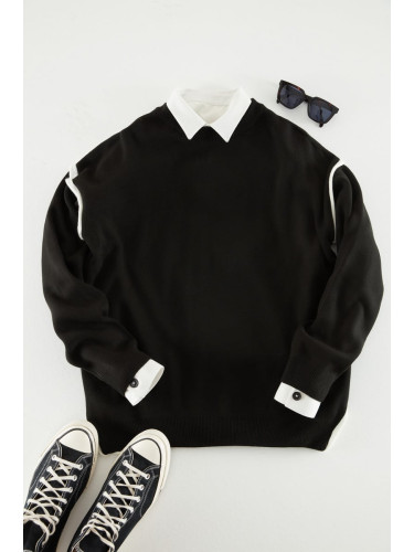 Trendyol Black Oversize Crew Neck Piping Detailed Knitwear Sweater