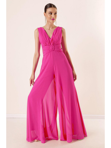 By Saygı Low-Collection Front Back V-Neck Lined Chiffon Jumpsuit.